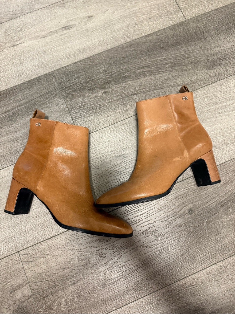 Calvin Klein Cognac Leather Ankle Booties with Block Heel size 10